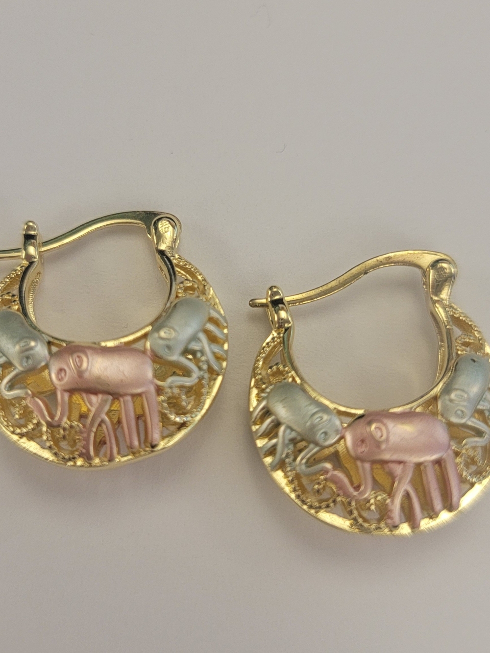 Gold Hoop Earrings with Pink and Light Blue Elephant Accents
